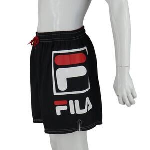90s Vintage Fila Spellout Logo Black & Red Beach Pool Swimming Trunks Shorts